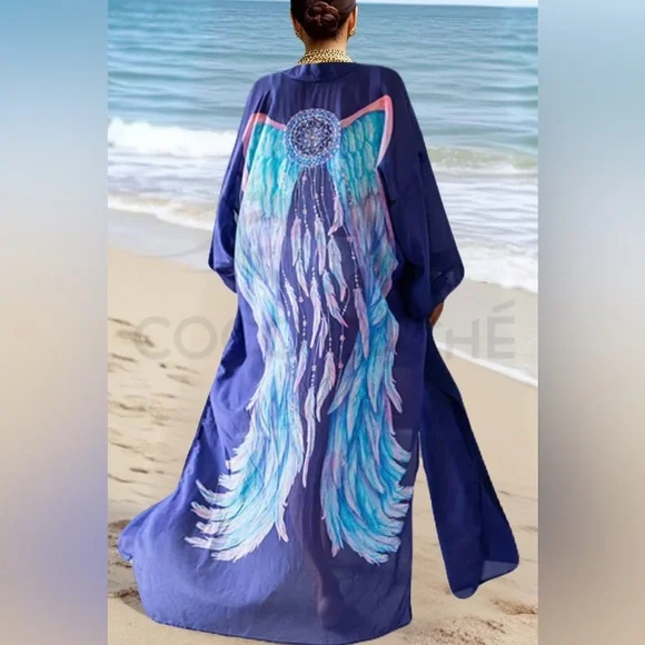 Bohemian Kimono Duster Angel Dreamcatcher Spirit Robe Swimsuit Coverup - Picture 2 of 9